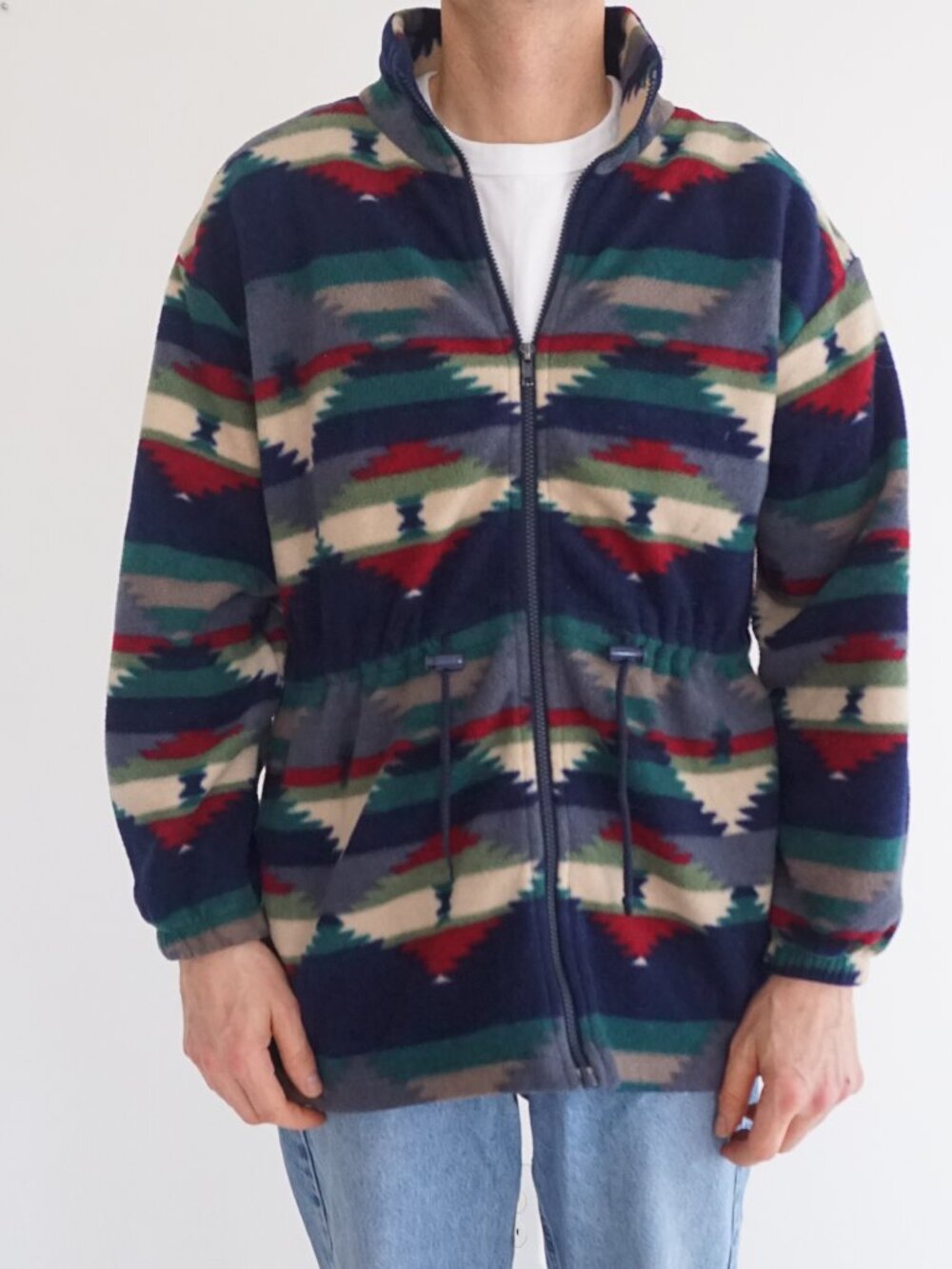 Vintage R&R Navy Green Red Western Aztec Pattern Full Zip Fleece Jacket Tribal M